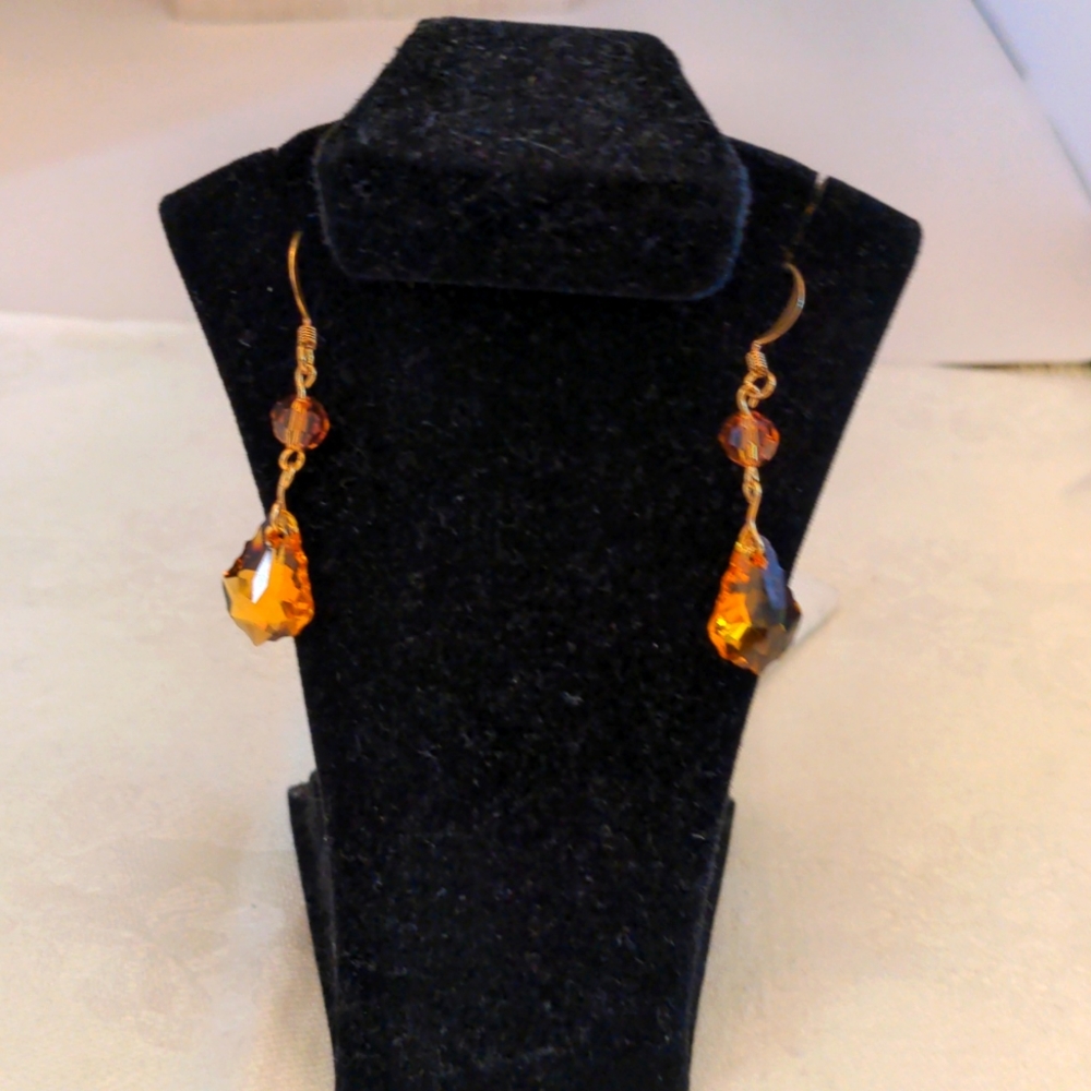 Swarovski crystal  drop gold plated earrings. Handcrafted 2" dangle, New